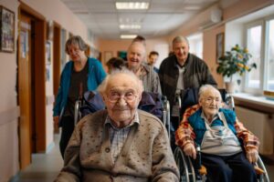 Family members tour an assisted living apartment while a caregiver explains safety features.